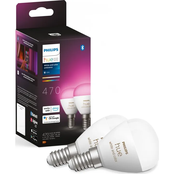 Philips Hue White Color Ambiance E14 kronepære, 2000K-6500K, 5,1W, 2-pak – pære — produktfoto