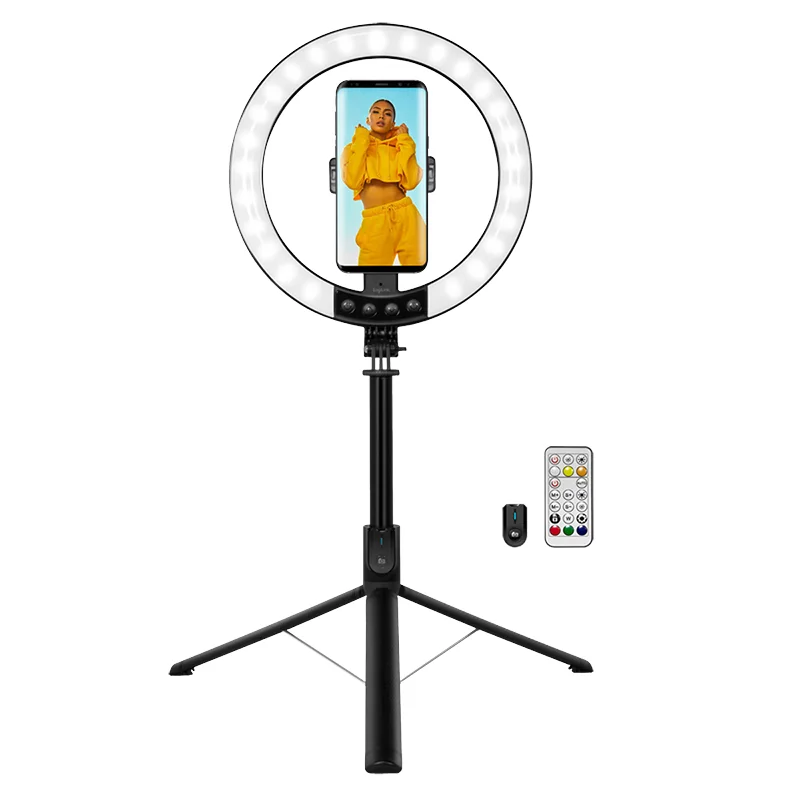 Smartphone ring light with selfie stick tripod, remote shutter, Ø 25 cm — produktfoto