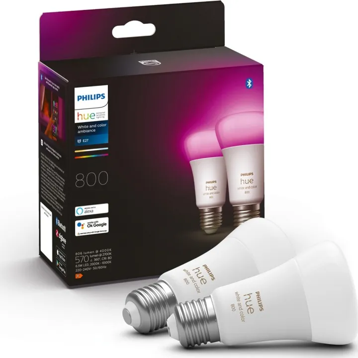 Philips Hue White Color Ambiance E27 standardpære, 2000K-6500K, 6,5W, 2-pak – pære — produktfoto
