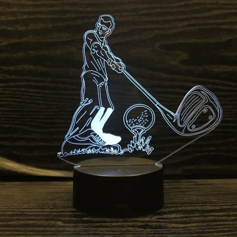 Golf 3D lampe. Lysende golfspiller der lægger an til slag. Farveskift mellem 7 farver. — produktfoto
