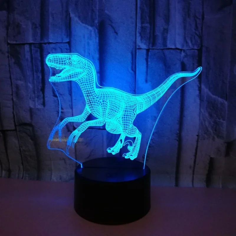 Dinosaurus 3D lampe. Flot Velociraptor lampe. Farveskift mellem 7 farver. – dekorationslys — produktfoto