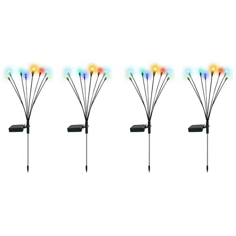 Farverig solcellelampe på spyd. Havelampe med 8 LED lamper i flotte farver. 4 stk pakke. — produktfoto