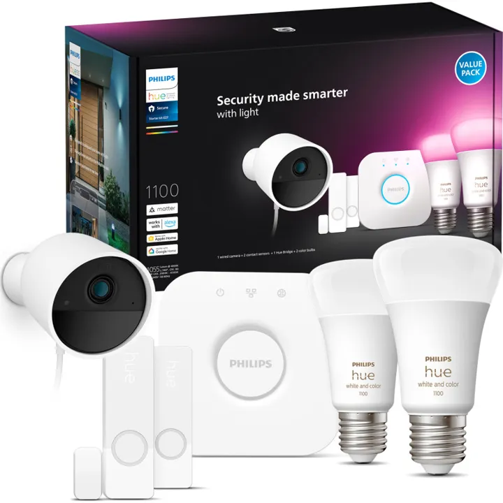 Philips Hue Secure startsæt med pærer, dør- & vinduessensor & overvågningskamera – pære — produktfoto