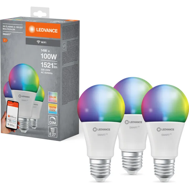 Ledvance 3 stk Ledvance Smart+ Wifi E27 standardpære, 2700K-6500K, 14W, 3-pak – pære — produktfoto