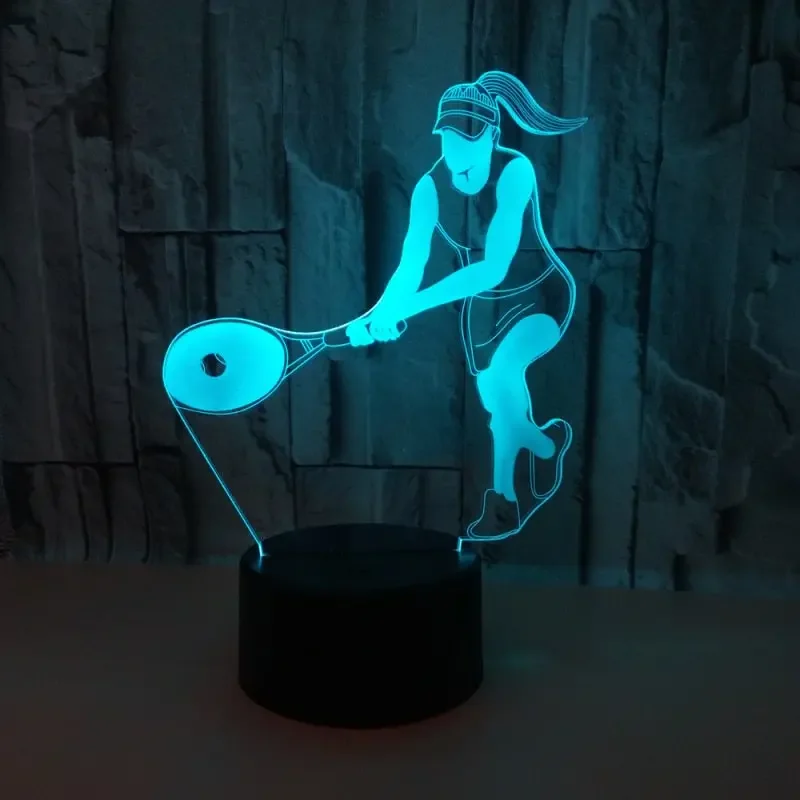 Tennis 3D lampe. Lysende kvindelig tennisspiller. Farveskift mellem 7 farver. — produktfoto