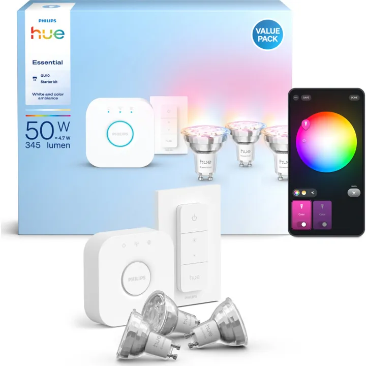Philips Hue Essential White Color Ambiance GU10 spotpærer, startsæt, 3-pak – pære — produktfoto