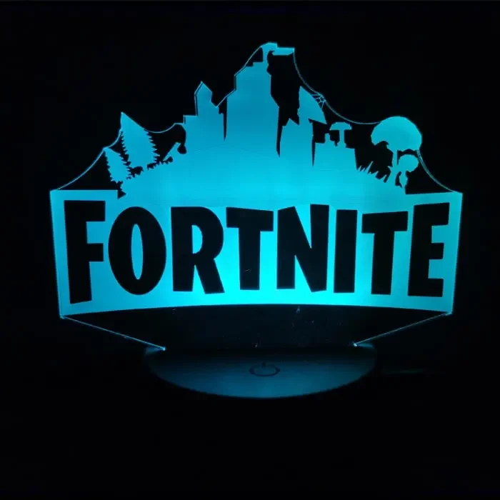 Fortnite 3D lampe. Natlampe med et lysende Fortnite logo. Farveskift mellem 7 farver. – dekorationslys — produktfoto