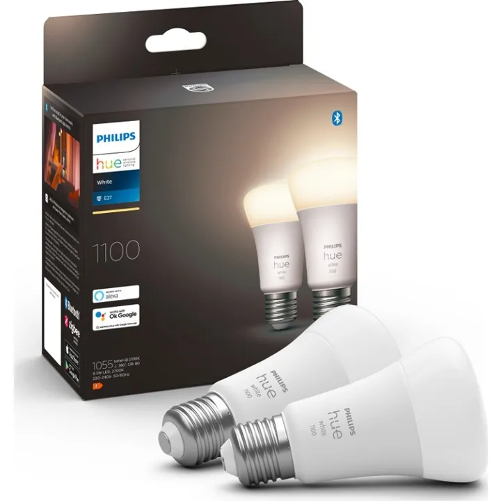 Philips Hue White E27 standardpære, 2700K, 9,5W, 2-pak – pære — produktfoto