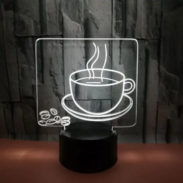 Kaffe 3D lampe. Flot lampe med en dampende varm kop kaffe. Farveskift mellem 7 farver. – dekorationslys — produktfoto