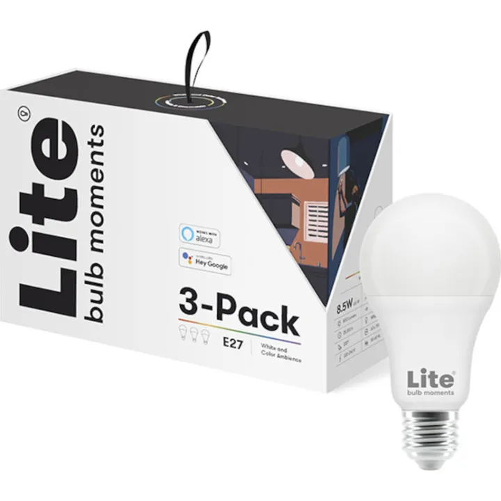 Lite bulb moments E27 standardpære, 2700K-6500K, 8,5W, 3-pak – pære — produktfoto