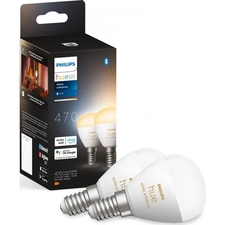 Philips Hue White Ambiance E14 kronepære, 2200K-6500K, 5,1W, 2-pak – pære — produktfoto