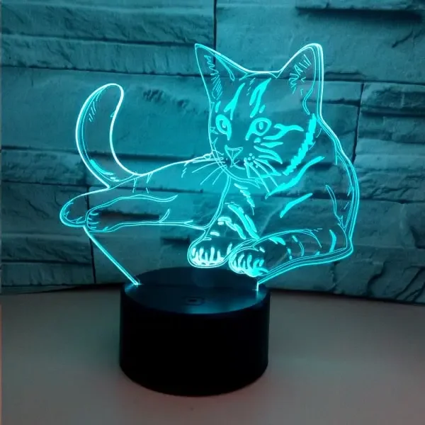 Kat 3D lampe. Sød lysende kat der ligger ned. Farveskift mellem 7 farver. – dekorationslys — produktfoto
