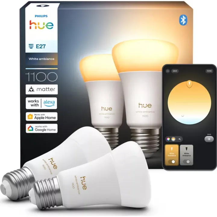 Philips Hue White Ambiance E27 standardpære, 2200K-6500K, 8W, 2-pak – pære — produktfoto