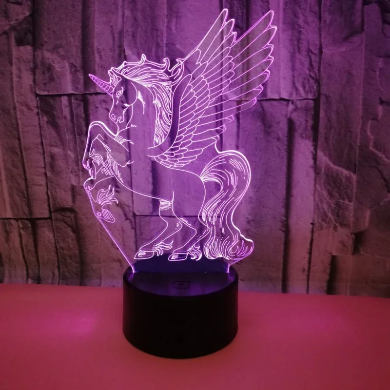 Enhjørning 3D lampe. Flot eventyrlig Enhjørning lampe. Farveskift mellem 7 farver. – dekorationslys — produktfoto