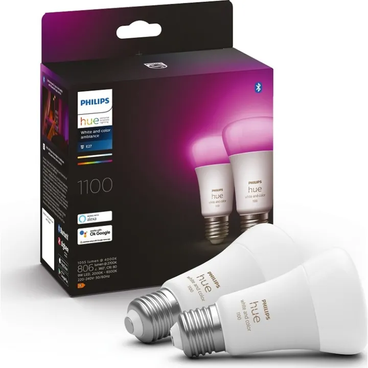 Philips Hue White Color Ambiance E27 standardpære, 2000K-6500K, 9W, 2-pak – pære — produktfoto