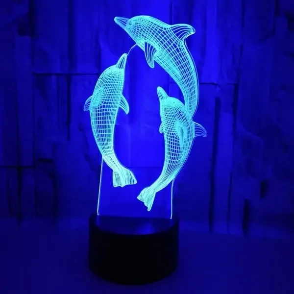 Delfin 3D lampe. 3 flotte delfiner. Farveskift mellem 7 farver. – dekorationslys — produktfoto